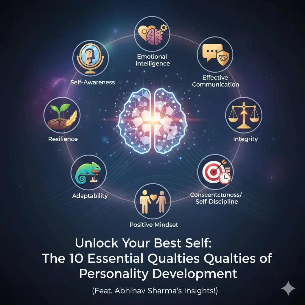 Infographic illustrating 10 essential personality development qualities, including self-awareness, emotional intelligence, effective communication, resilience, adaptability, positive mindset, conscientiousness/self-discipline, integrity, and confidence, surrounding a glowing brain with the title "Unlock Your Best Self: The 10 Essential Qualities of Personality Development (Feat. Abhinav Sharma's Insights!)"