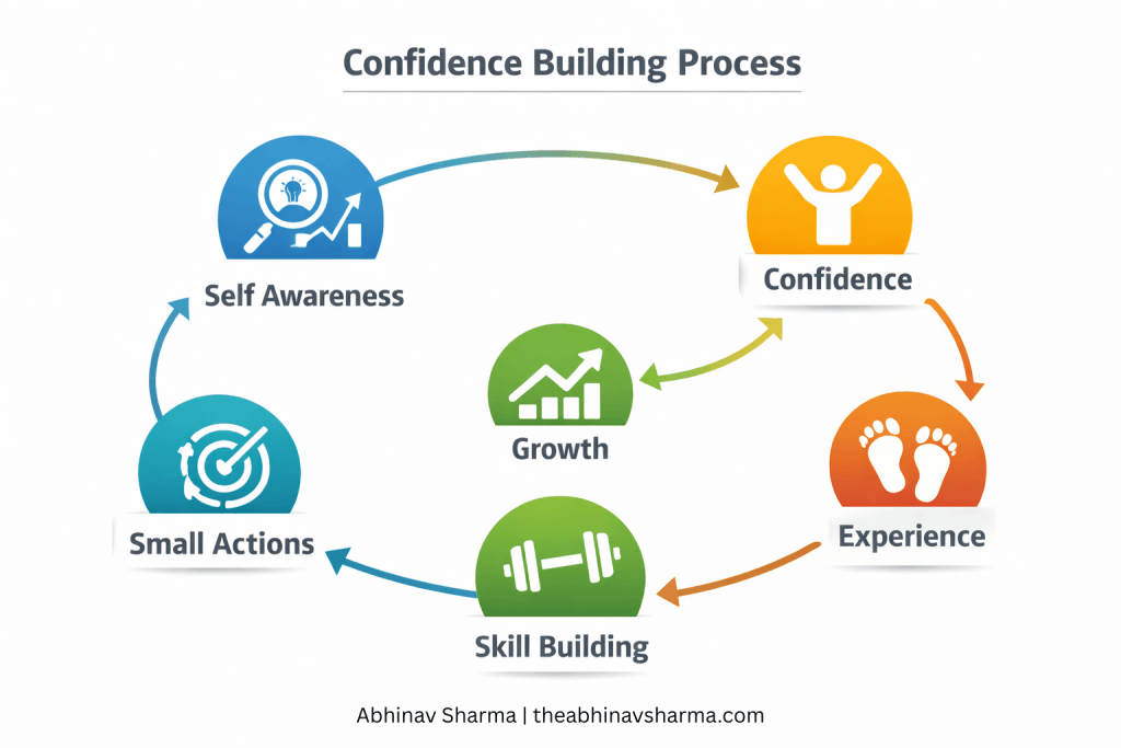 Confidence building process showing steps from self awareness and small actions to skill building, experience and confidence.