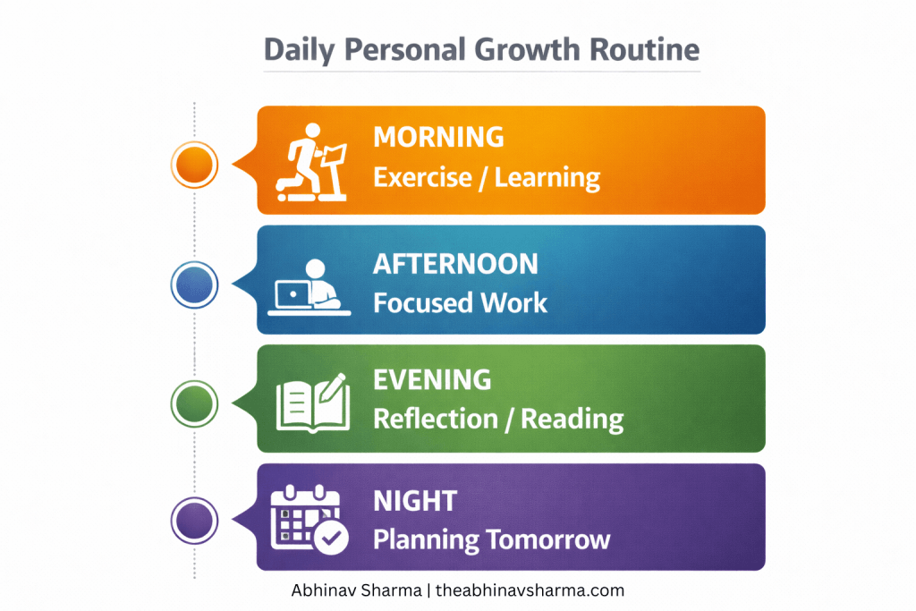 Daily personal growth routine showing morning exercise and learning, afternoon focused work, evening reflection and reading, and night planning.