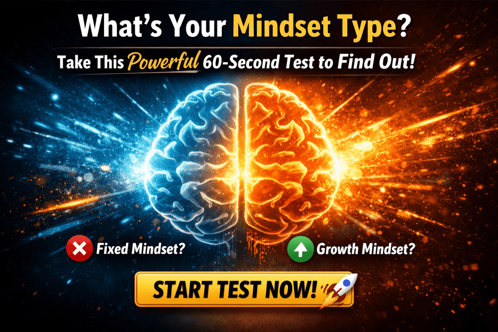 mindset test image showing fixed vs growth mindset take this 60 second mindset quiz to discover your mindset type