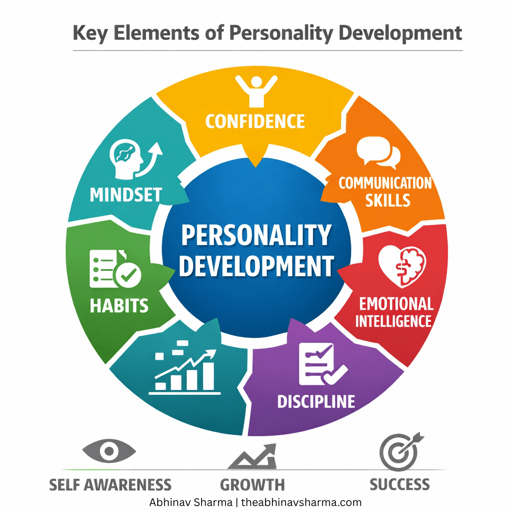 Personality development framework showing key elements including confidence, communication skills, mindset, habits, discipline and emotional intelligence.