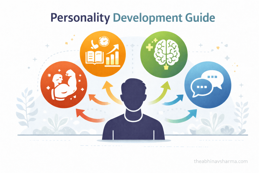 Personality development guide illustration showing confidence, communication skills, mindset growth and personal development elements.