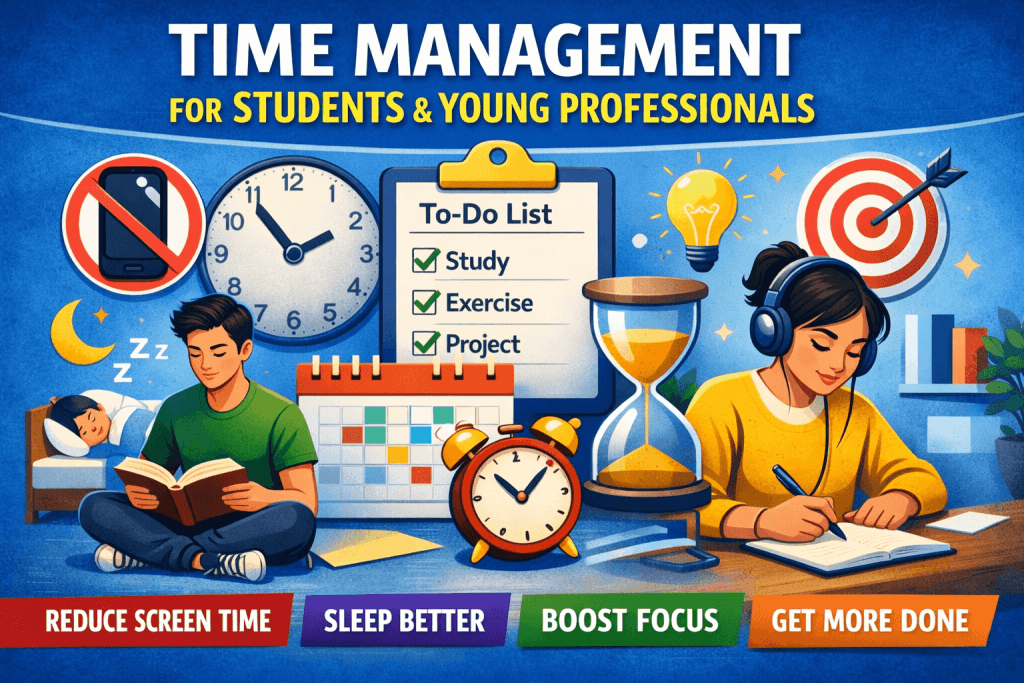 Time management strategies for students showing focus, productivity, reduced screen time and better daily routine.