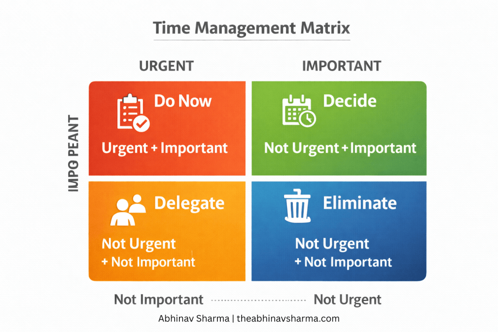 Time management matrix dividing tasks into urgent and important categories including do now, decide, delegate and eliminate.