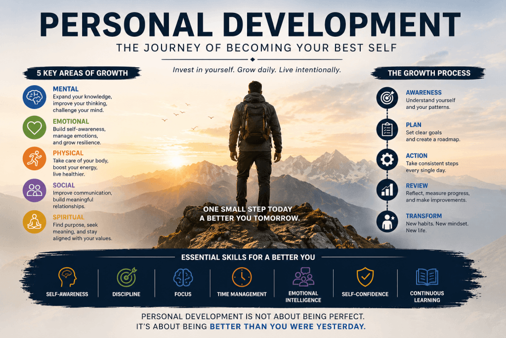 Personal development guide infographic with examples, training plan, mindset, and self improvement strategies